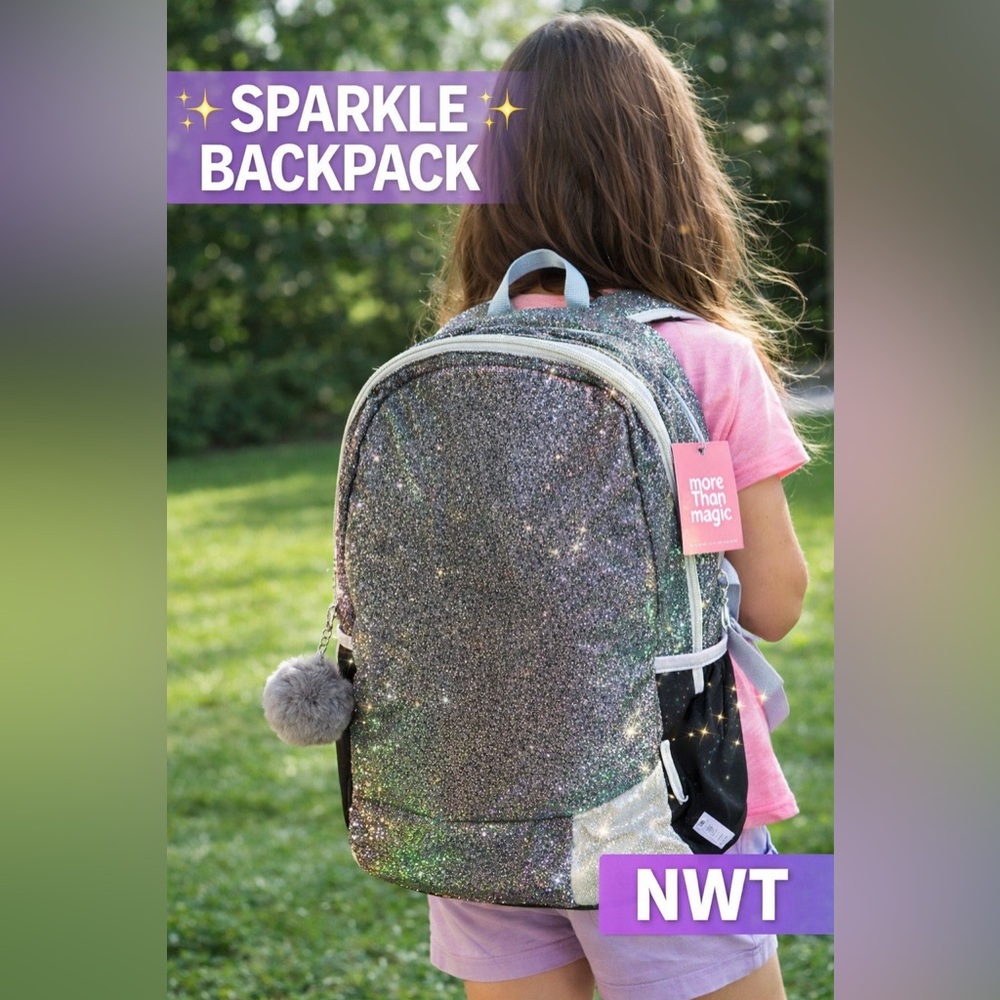 More Than Magic 16.5” Girls Backpack Glitter Sparkle Pom Pom School Bag NWT - Picture 4 of 10